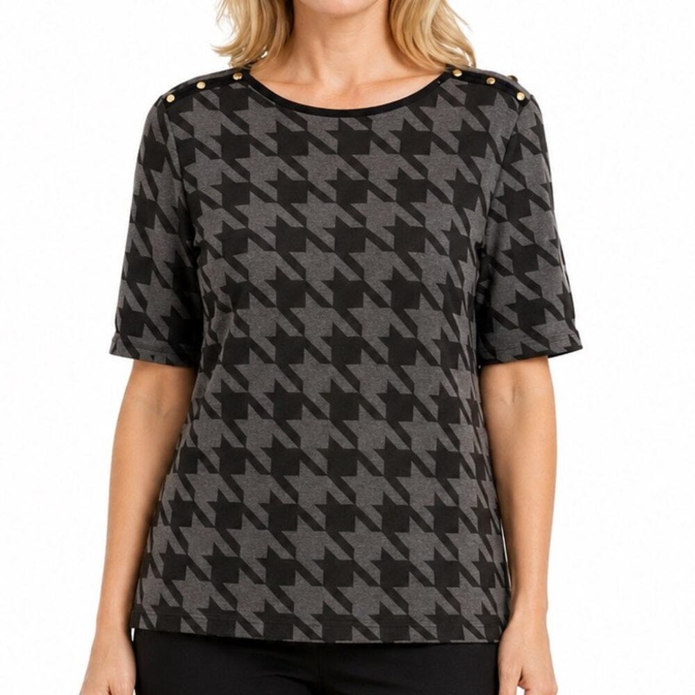 Liz Claiborne Career Houndstooth Boatneck Top Size XXL Black Gray Slort Sleeve